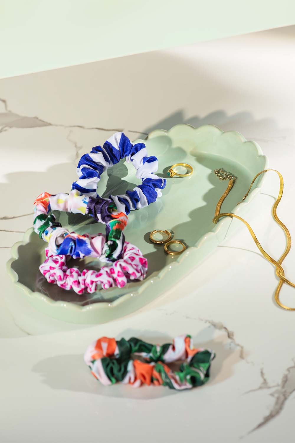 Printed Scrunchies Assorted - Navy/Green