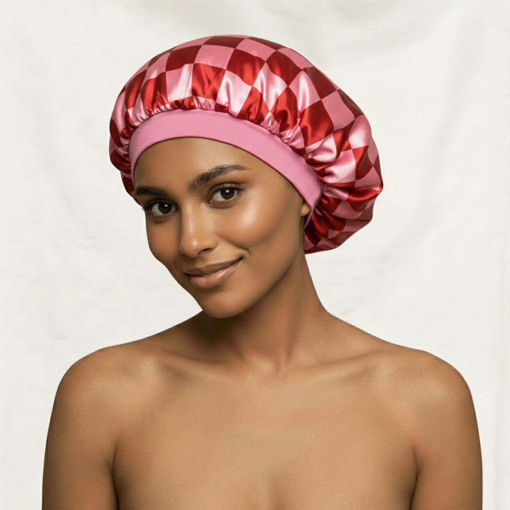 Satin Sleep Bonnet in Red Pink Check