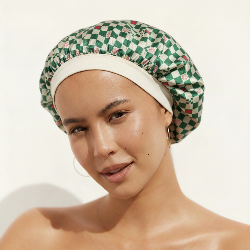 Satin Sleep Bonnet in Green Check