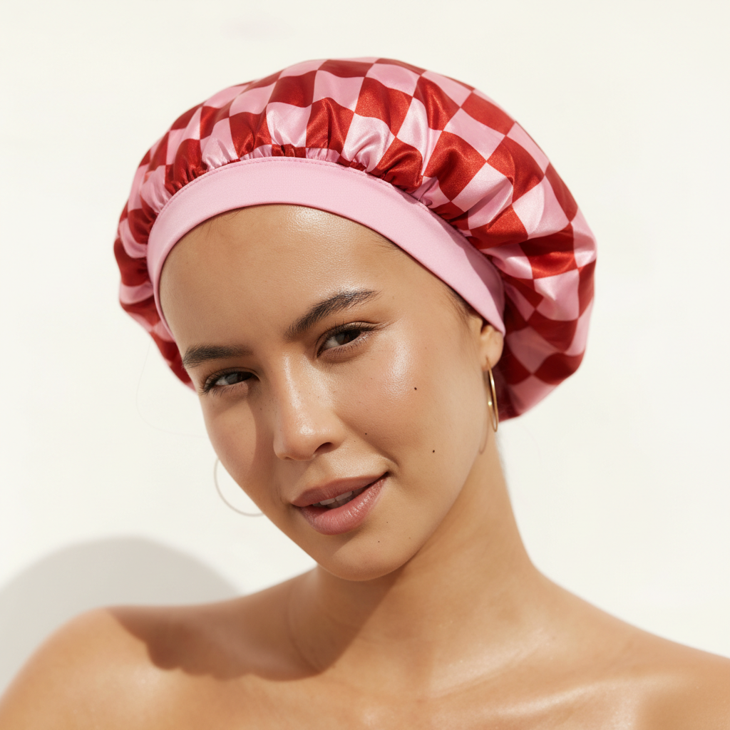 Satin Sleep Bonnet in Red Pink Check